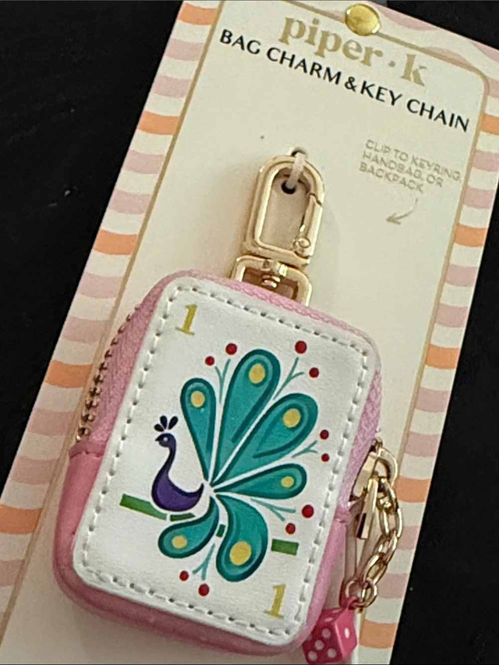 Piper K Mahjong / Peacock Bag Charm and Key Chain featuring zipper pouch